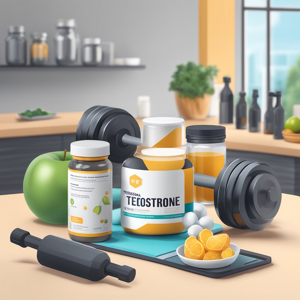 A bottle of testosterone booster sits on a sleek, modern counter, surrounded by gym equipment and a healthy, balanced meal