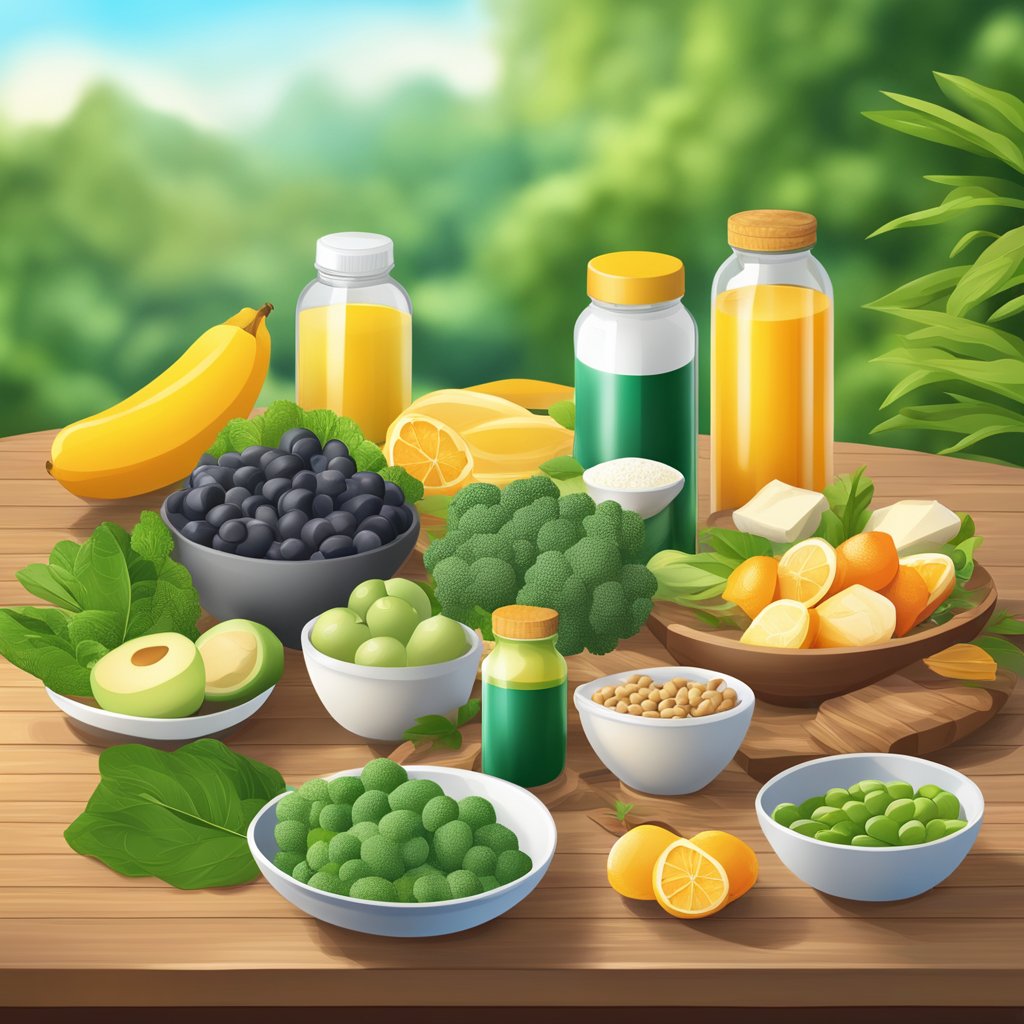 A vibrant scene of various natural testosterone-boosting foods and supplements displayed on a wooden table with a background of greenery and a sense of energy and vitality