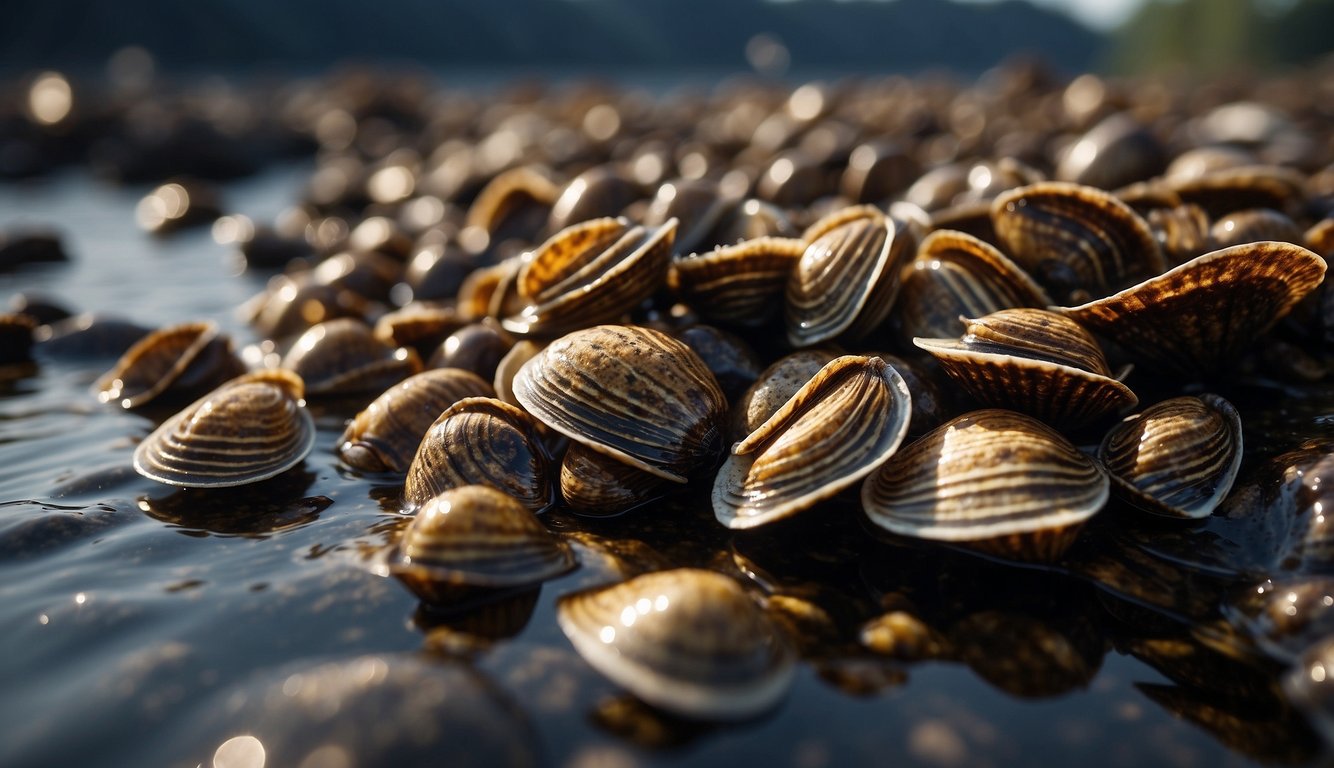 A dense cluster of zebra mussels clings to a rocky surface, their striped shells creating a striking contrast against the dark background of the water
