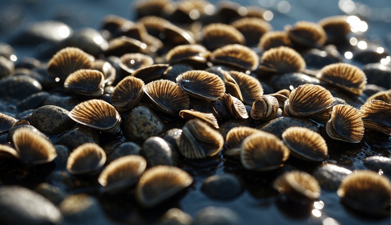 A cluster of zebra mussels clings to a rocky surface underwater, their striped shells creating a striking pattern against the dark background