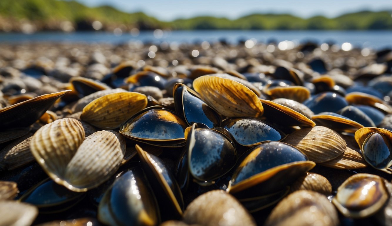 Clear water, rocky shore, and native mussels crowded out by invasive zebra mussels