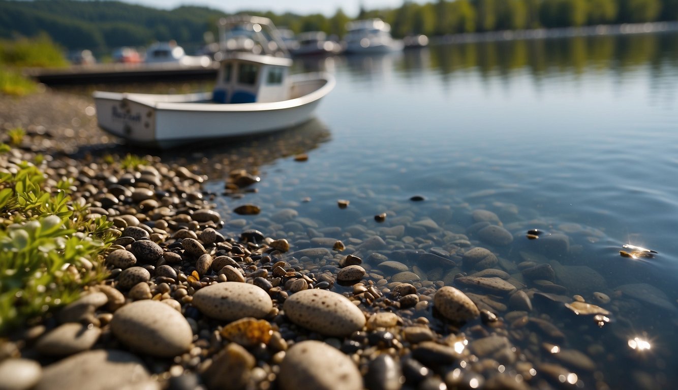 A lake's ecosystem disrupted by zebra mussels, clinging to boats and docks, overtaking native species, and causing costly damage to infrastructure