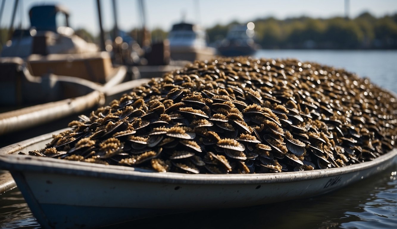 A dense cluster of zebra mussels covers a boat's hull, while others cling to rocks and pipes underwater