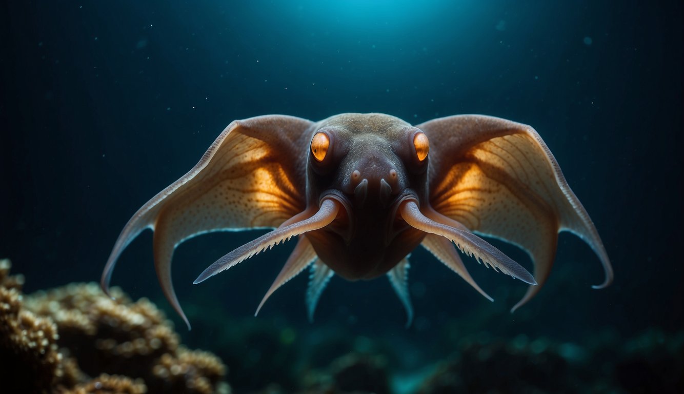 The vampire squid gracefully glides through the dark depths, its bioluminescent photophores casting an eerie glow as it captures small prey with its webbed arms