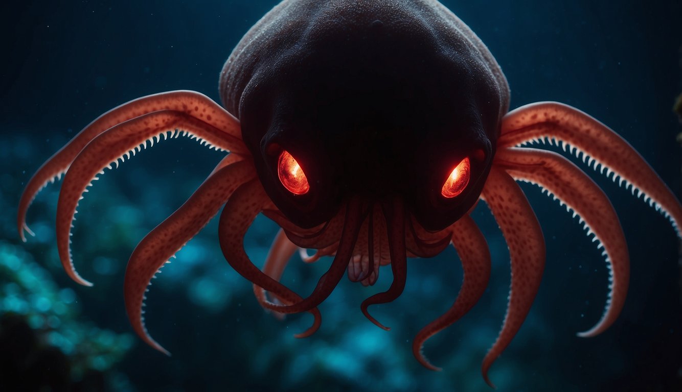 A vampire squid hovers in the dark, bioluminescent waters of the deep sea, with its unique webbed arms and glowing red eyes