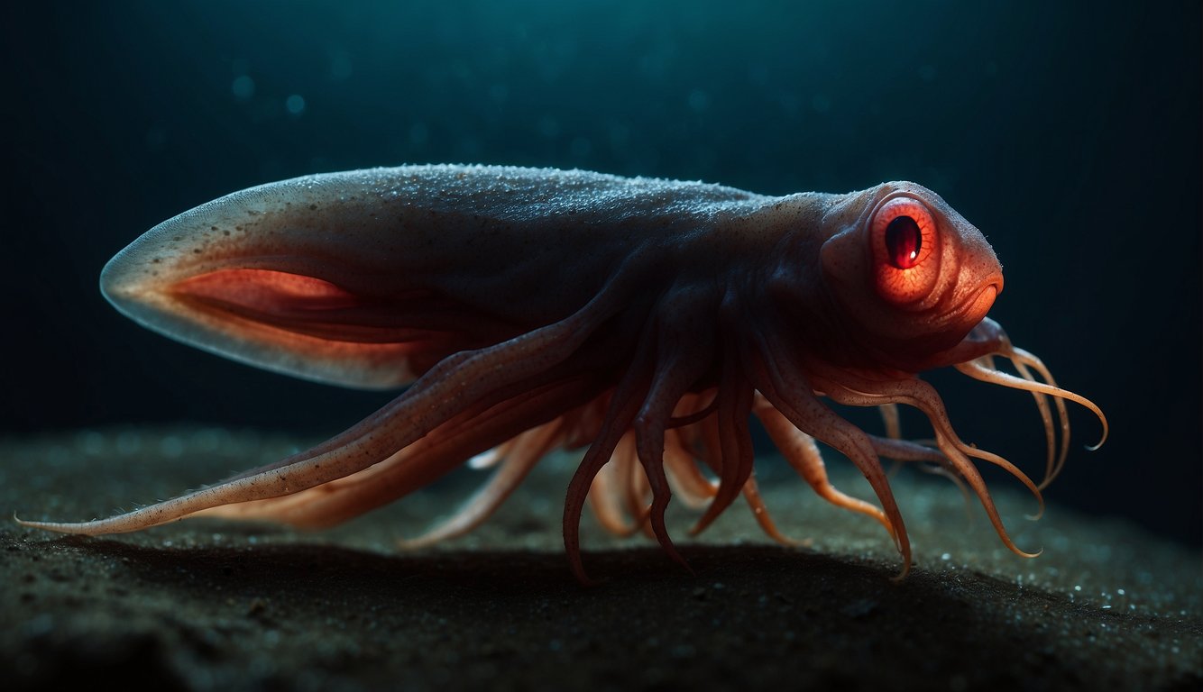 The vampire squid hovers in the dark abyss, its bioluminescent photophores casting an eerie glow.

Its webbed arms and red eyes give it a mysterious and otherworldly appearance
