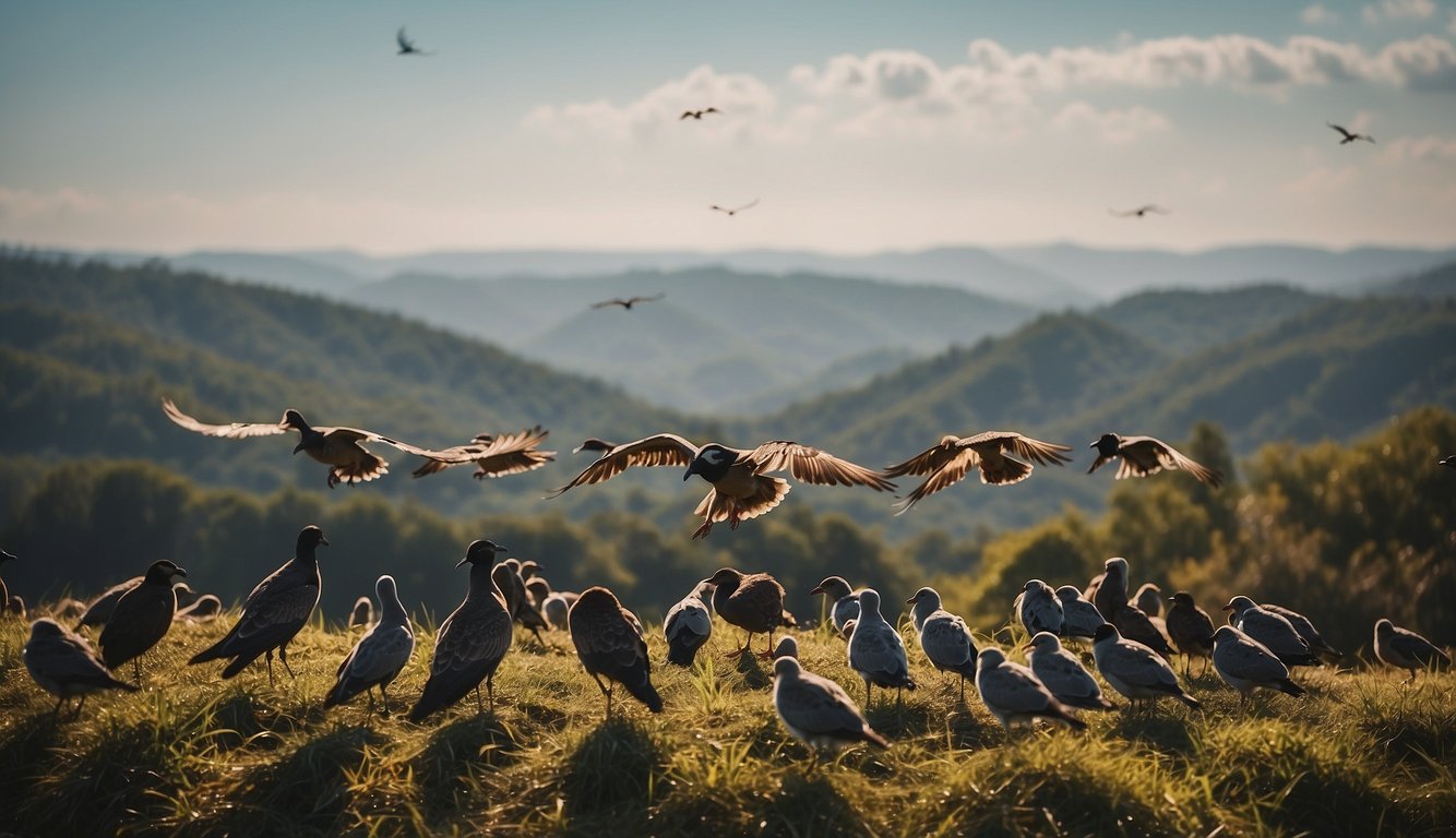 A flock of birds flying across a border, with government officials monitoring from below