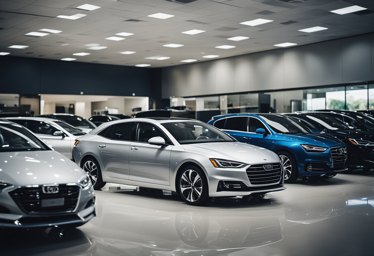 A sleek, modern auto dealership with cars on display, surrounded by digital marketing materials and SEO strategies