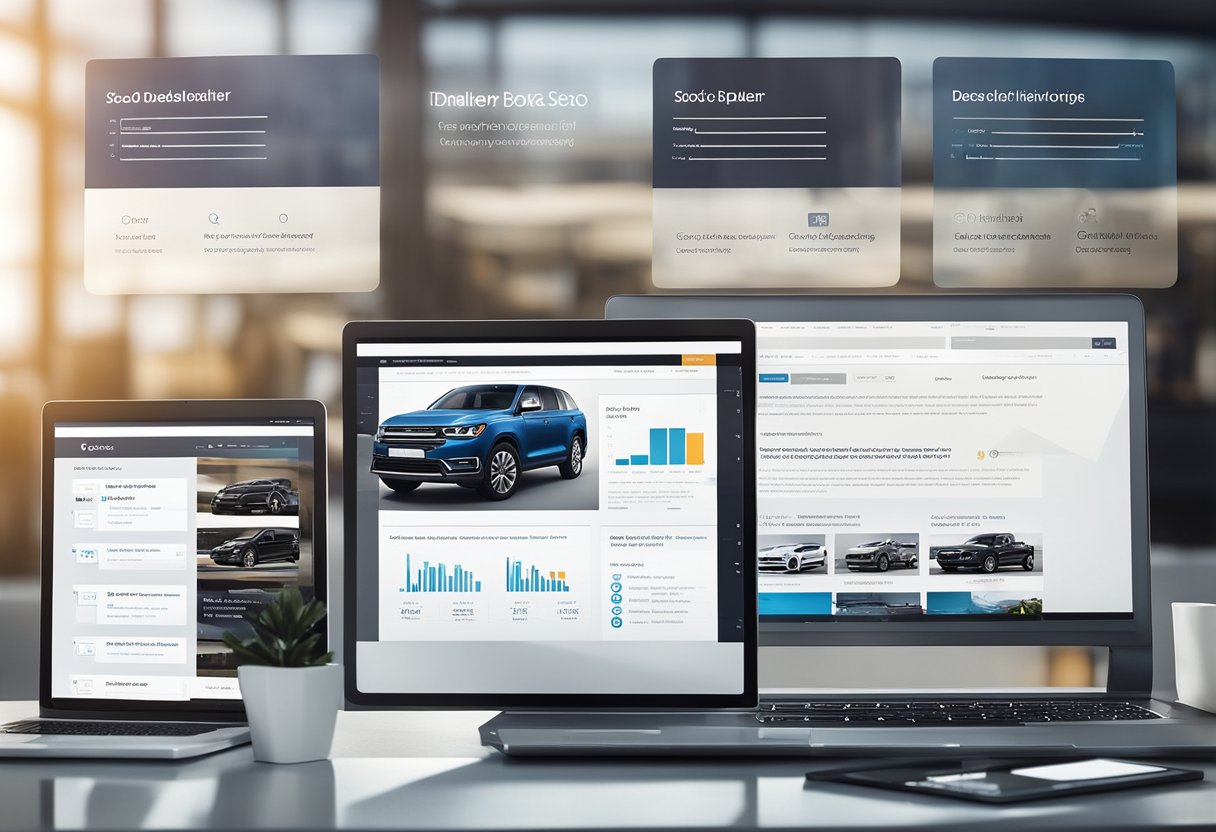 Auto dealer SEO: Laptop with SEO tools, dealership website on screen, search engine results page showing top rankings, FAQ section highlighted, traffic and conversion graphs displayed