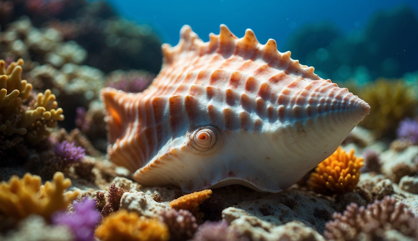A beautiful queen conch shell rests on a bed of colorful coral, surrounded by vibrant sea plants and gently swaying seaweed.

The sunlight filters through the water, casting a warm and enchanting glow on the scene