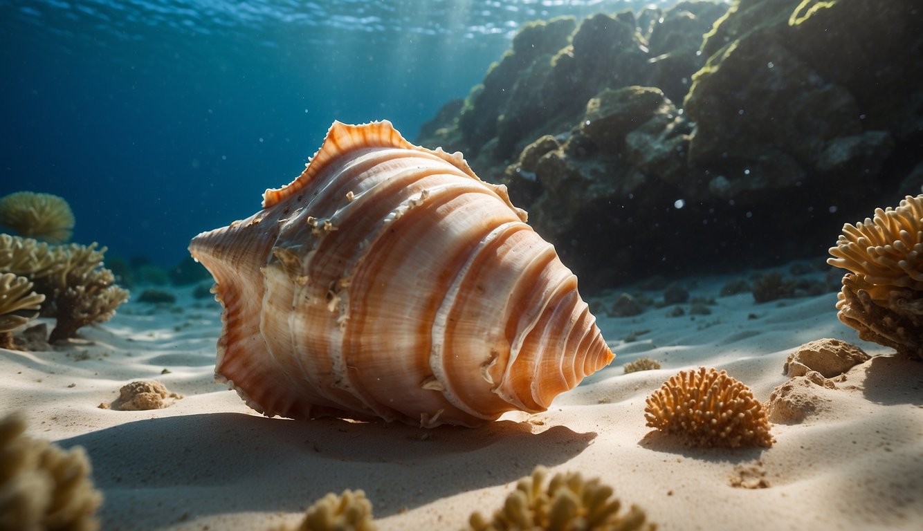 A large, spiraled queen conch shell rests on a sandy ocean floor, surrounded by vibrant coral and swaying sea plants.

Rays of sunlight filter through the water, casting a warm glow on the scene