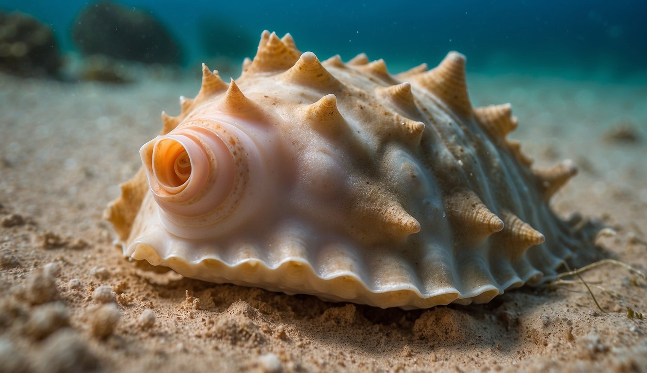 A queen conch lays eggs in the sandy ocean floor.

The eggs hatch into larvae, which grow into juvenile conchs. Adult conchs feed on algae and mate to start the cycle again