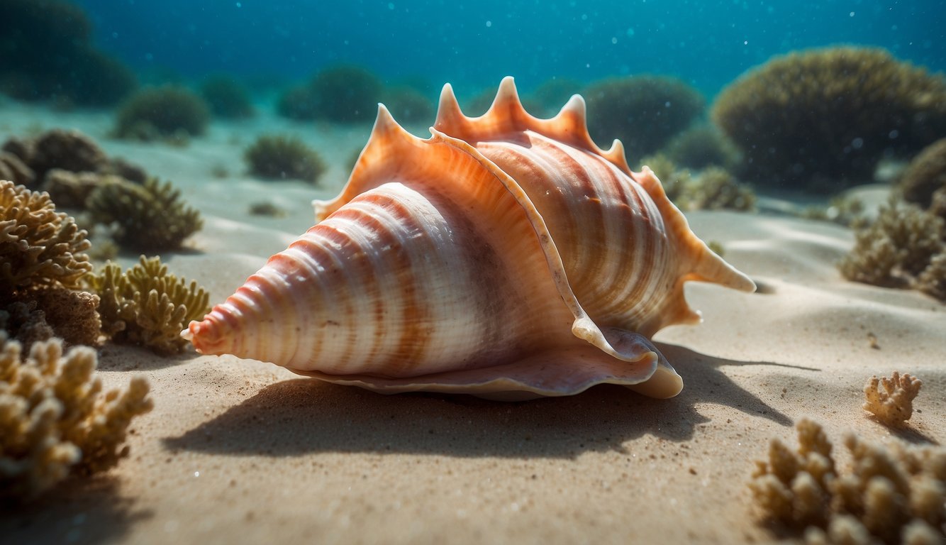 A colorful queen conch shell rests on a sandy ocean floor, surrounded by vibrant coral and swaying seaweed.

Rays of sunlight filter through the water, casting a warm glow on the scene