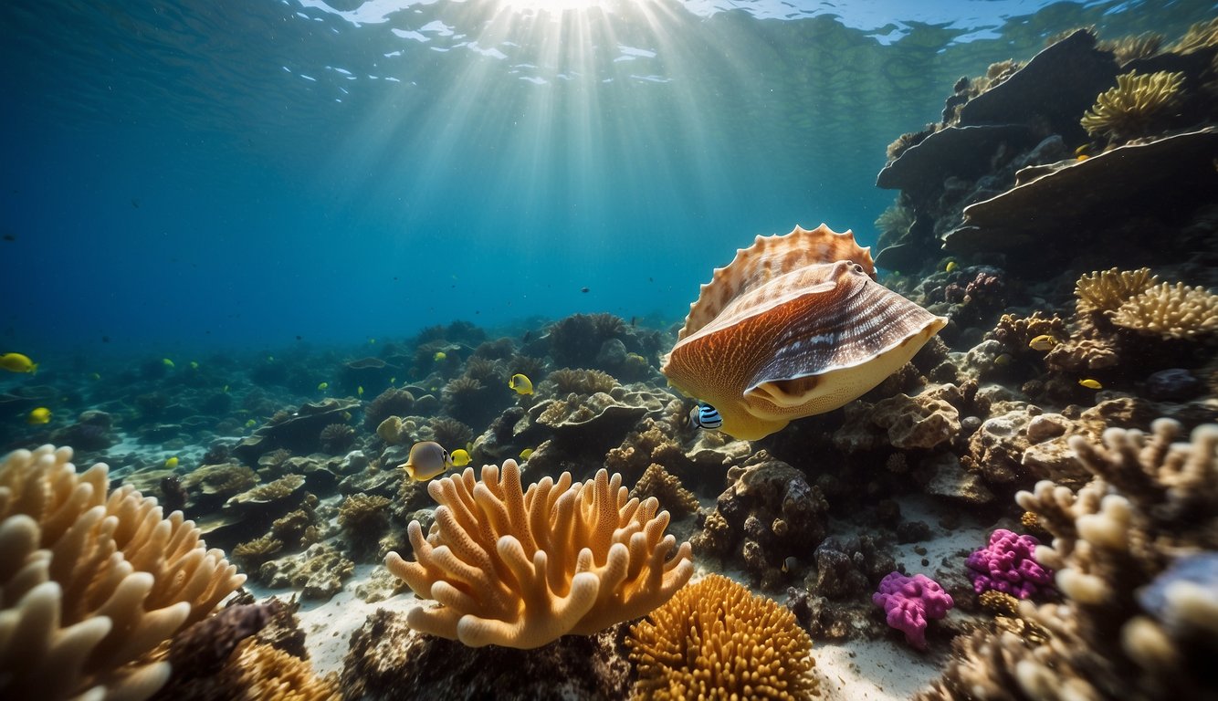 A vibrant coral reef teeming with life, where a majestic queen conch shell stands out among the vibrant sea life, showcasing the beauty and importance of conservation efforts