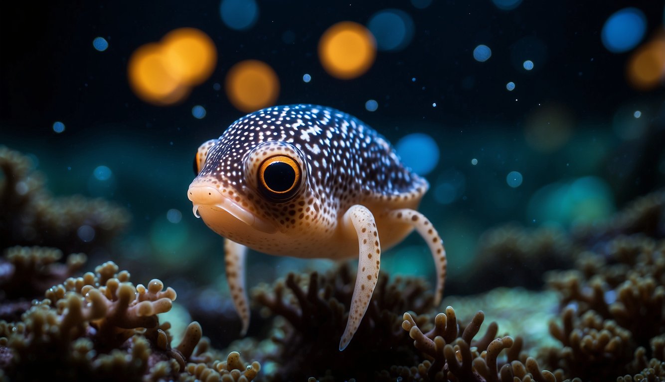 The Hawaiian Bobtail Squid floats in the dark ocean, its body glowing with bioluminescent light, illuminating the surrounding water and creating a mesmerizing scene
