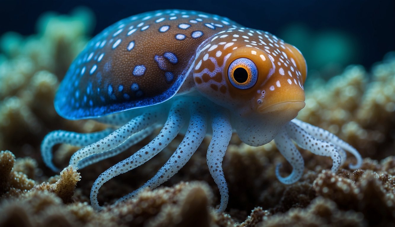 The Hawaiian Bobtail Squid emits a soft blue glow, blending seamlessly with the bioluminescent bacteria, creating a mesmerizing symbiotic display