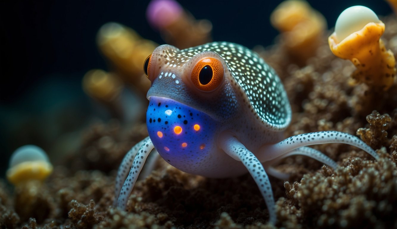 The Hawaiian Bobtail Squid hatches from an egg, grows into a juvenile, and eventually matures into an adult, glowing in the dark as it moves through the ocean at night