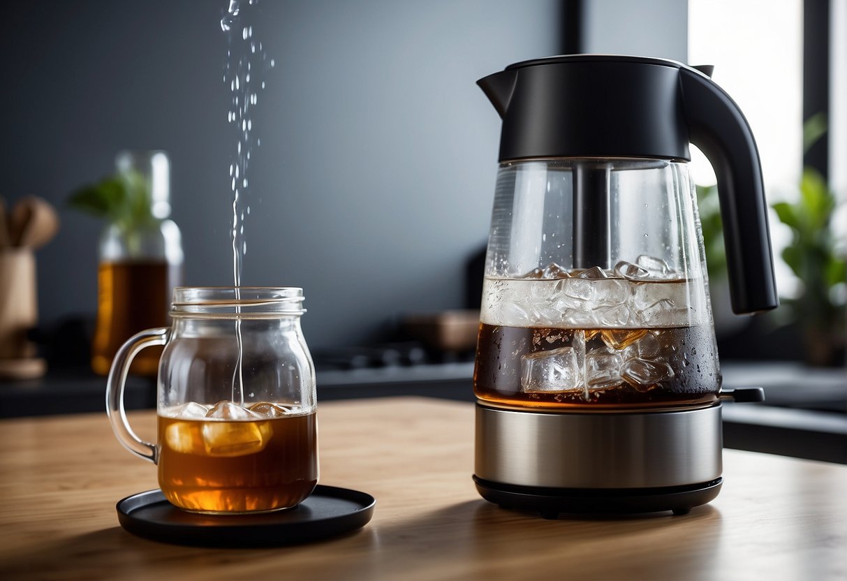A kettle boils water. A glass pitcher of cold brew sits nearby. An electric stove is turned on