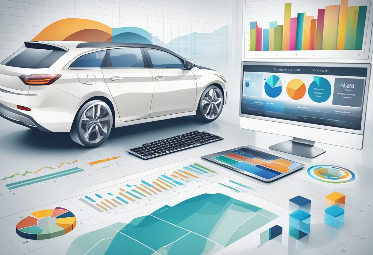 An auto dealership's logo and car images are displayed on a computer screen, while graphs and data charts show successful ad campaign results