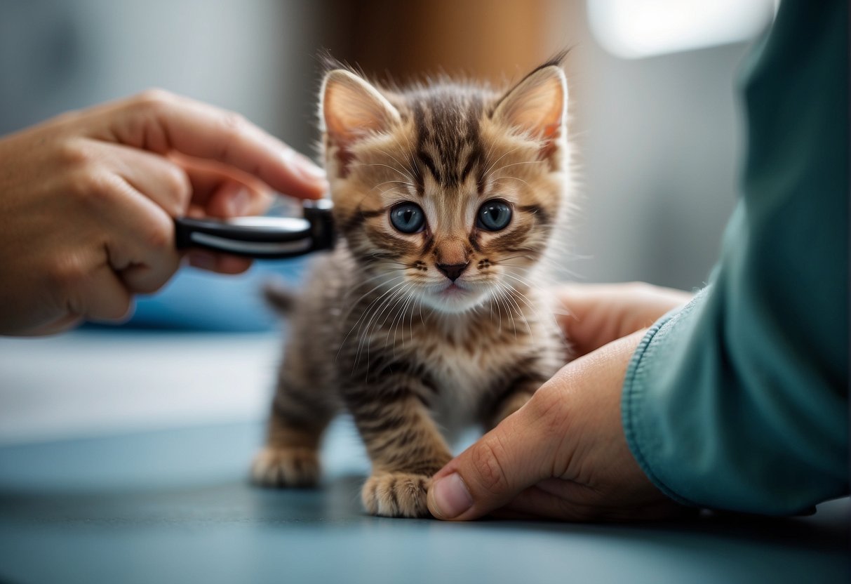 A kitten is being gently examined to determine its gender using physical characteristics