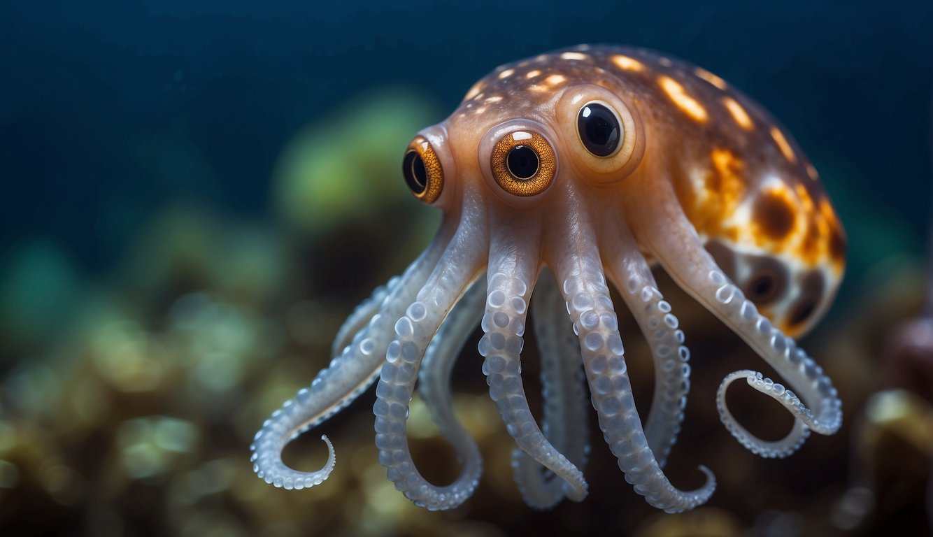 A small, round octopus with large, adorable eyes floats gracefully in the deep ocean, its translucent fins resembling delicate wings