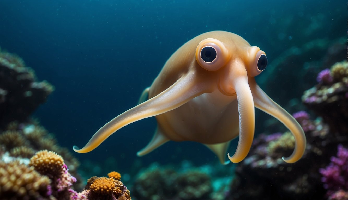 A Dumbo octopus gracefully swims through the deep sea, its large fins resembling elephant ears.

It playfully explores the ocean floor, surrounded by colorful coral and curious sea creatures