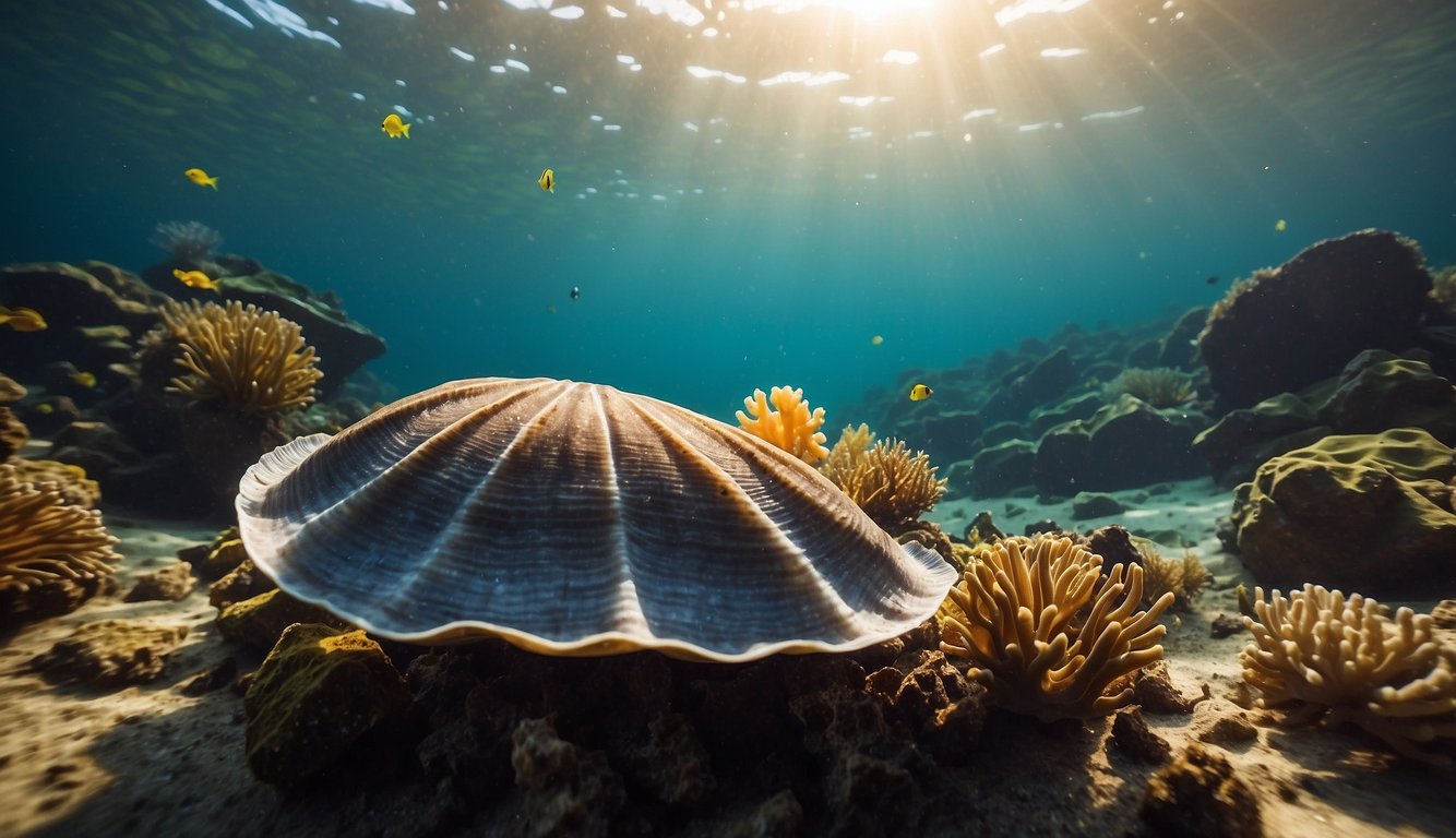A massive clam sits at the bottom of the sea, surrounded by colorful coral and fish.

Sunlight filters through the water, casting a warm glow on the scene