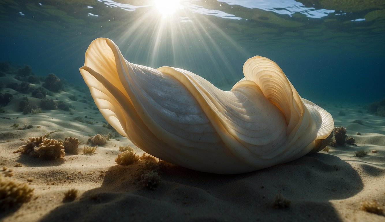 A giant geoduck emerges from the sandy ocean floor, its long siphon reaching out like a powerful trunk.

The water around it shimmers with the light of the sun, creating a serene and mysterious atmosphere
