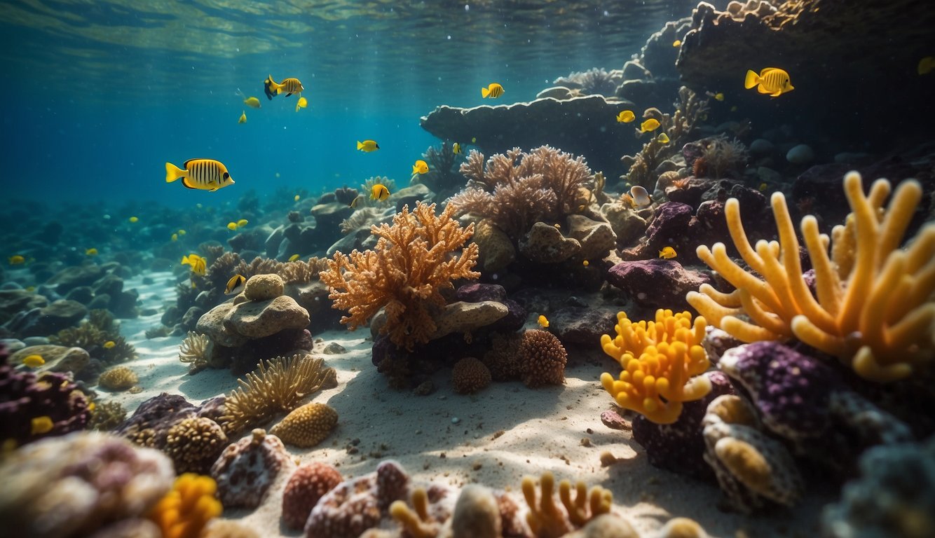A vibrant coral reef teeming with colorful nudibranchs gliding gracefully among the swaying sea plants and shimmering sand