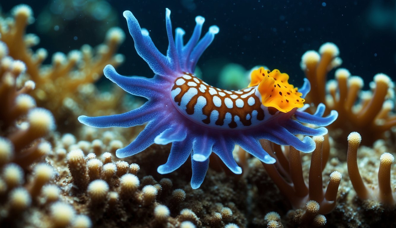 A vibrant underwater world with colorful nudibranchs gliding gracefully among the coral reefs, showcasing a stunning array of shapes and patterns