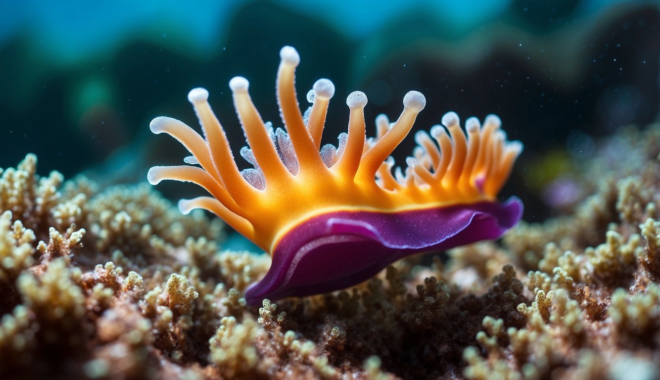 A colorful nudibranch glides gracefully over a vibrant coral reef, its iridescent body shimmering in the sunlight as it feeds on tiny organisms