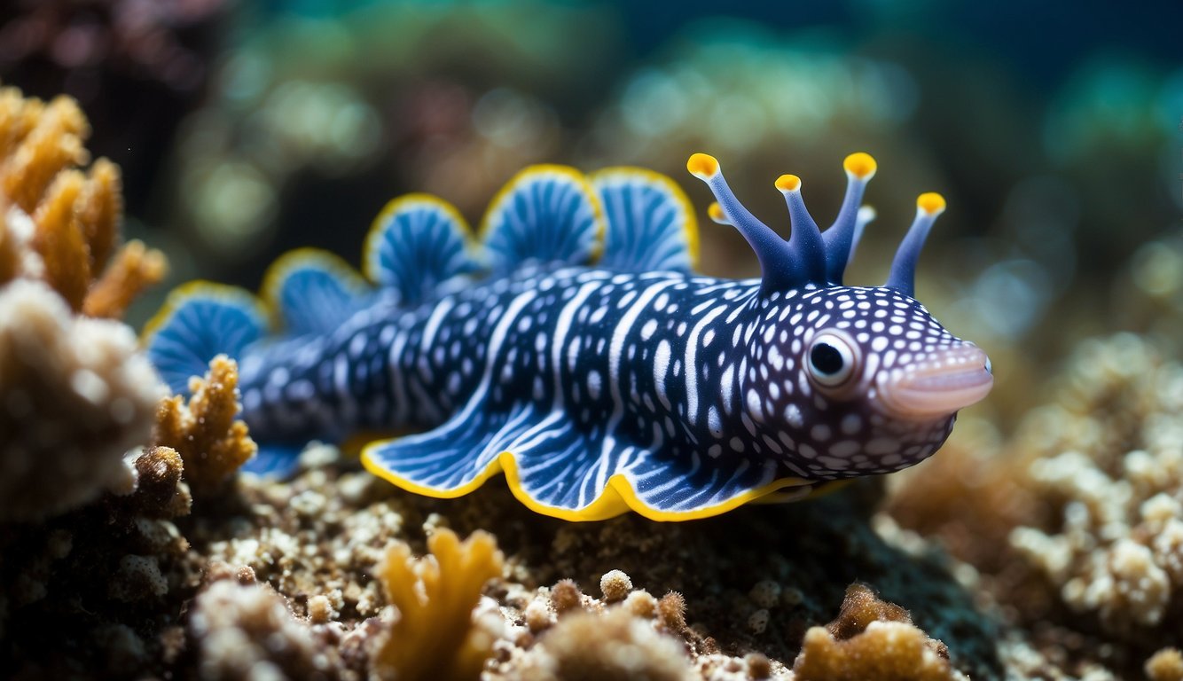 A colorful nudibranch crawls along a coral reef, its vibrant body contrasting with the surrounding marine life.

It moves gracefully, feeding on algae and small invertebrates, while avoiding predators with its toxic defenses