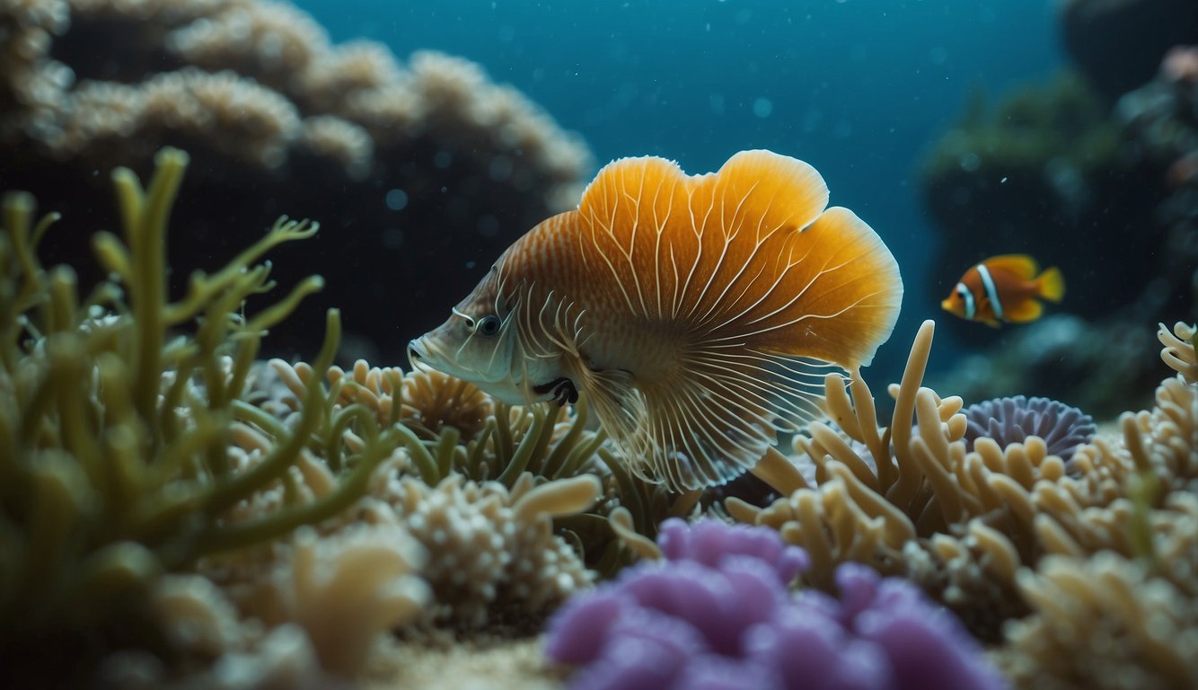 A lion's paw scallop rests on a bed of colorful ocean floor plants, surrounded by gently swaying seaweed and small fish darting around