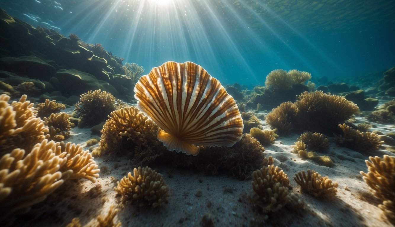 The Lion's Paw Scallop rests on the ocean floor, surrounded by vibrant coral and swaying seaweed.

Rays of sunlight filter through the water, casting a soft glow on the intricate patterns of the shell