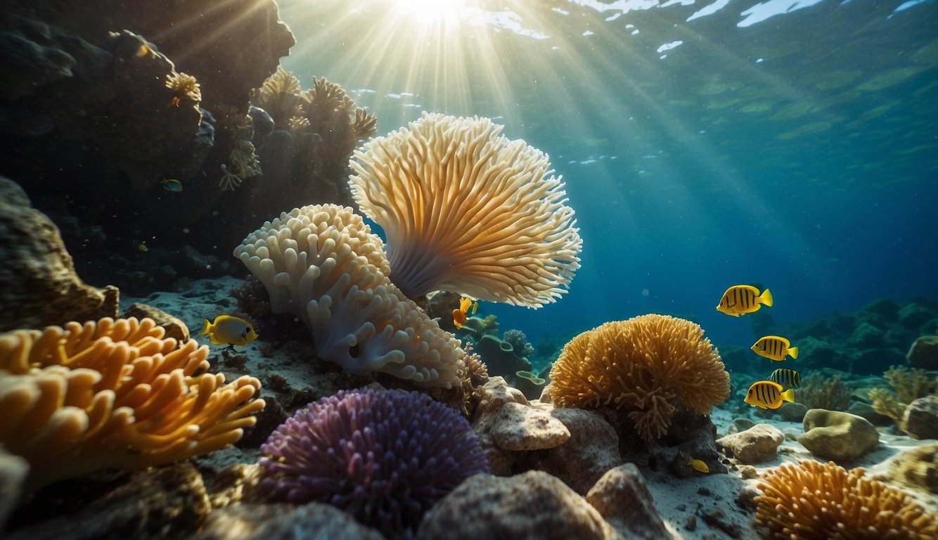 A lion's paw scallop nestled in a bed of colorful coral, surrounded by vibrant sea anemones and small fish darting around.

Rays of sunlight filter through the clear ocean water, illuminating the scene