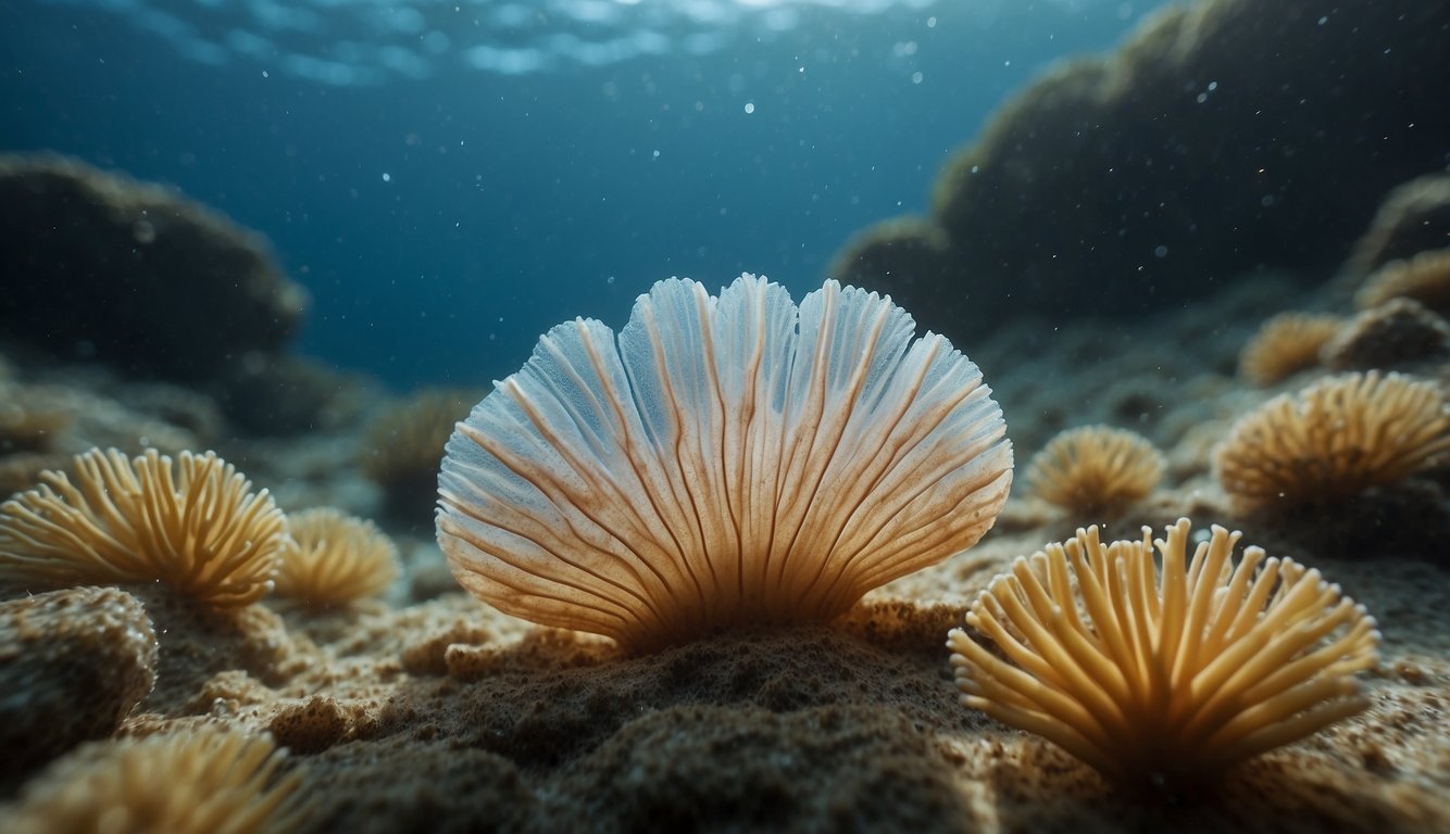 A lion's paw scallop begins as a tiny larva, floating in the ocean.

It grows into a juvenile scallop, then matures into an adult, with its distinctive lion's paw-shaped shell