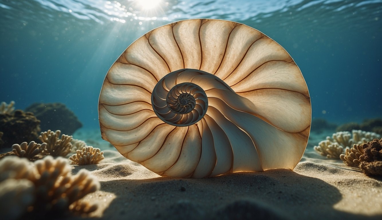 A paper nautilus gracefully glides through the ocean, its delicate shell illuminated by the sunlight filtering through the water