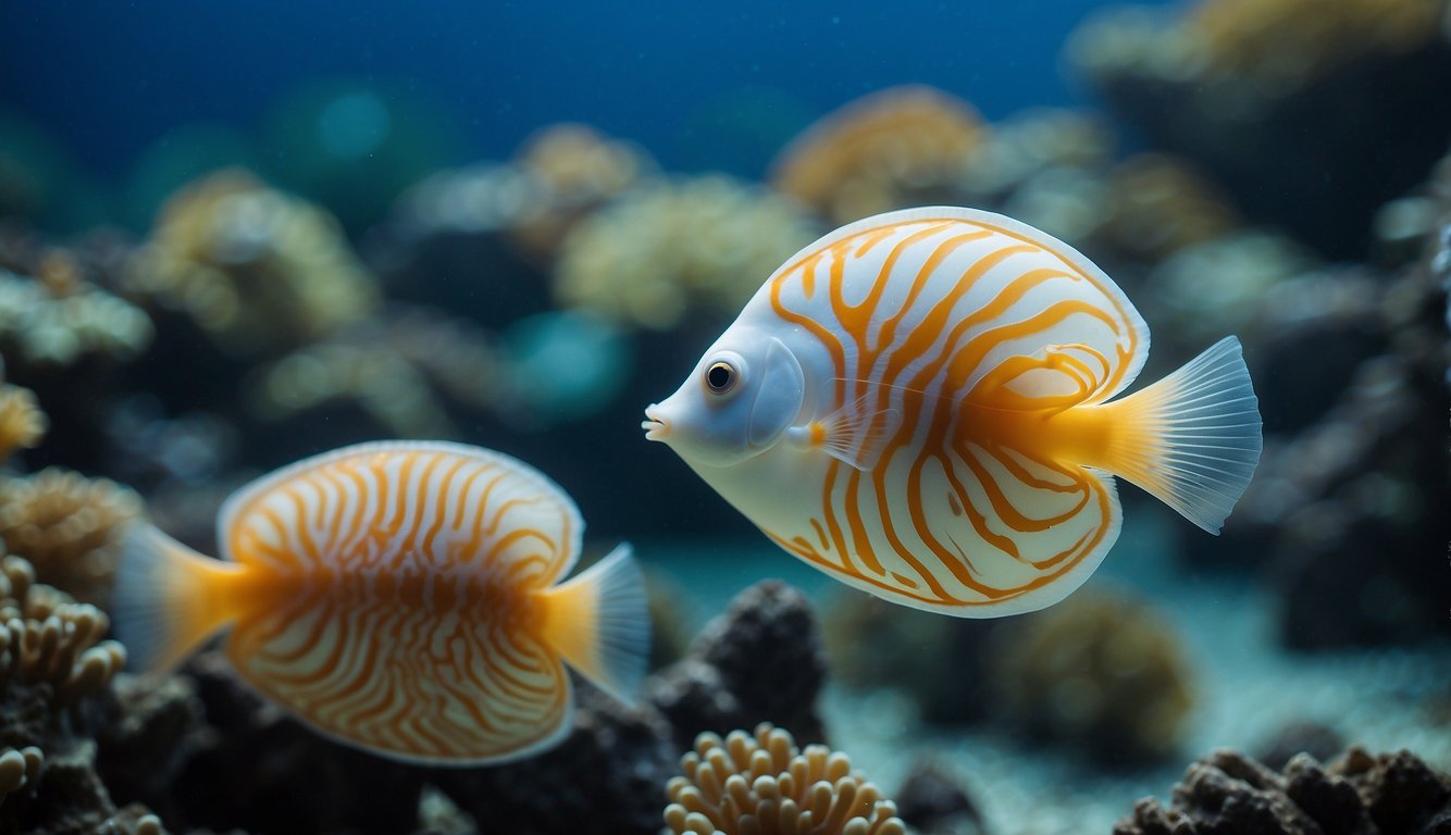 The paper nautilus drifts gracefully through the deep blue ocean, its delicate shell glowing in the sunlight filtering through the water.

A school of fish swims by, mesmerized by the floating wonder