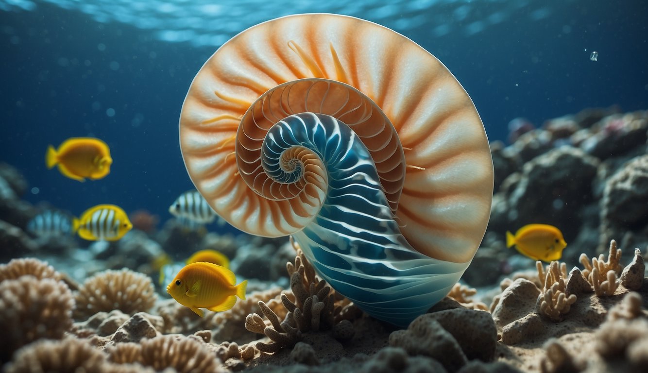 The paper nautilus drifts gracefully in the ocean current, its delicate shell shimmering in the sunlight, surrounded by a school of colorful fish