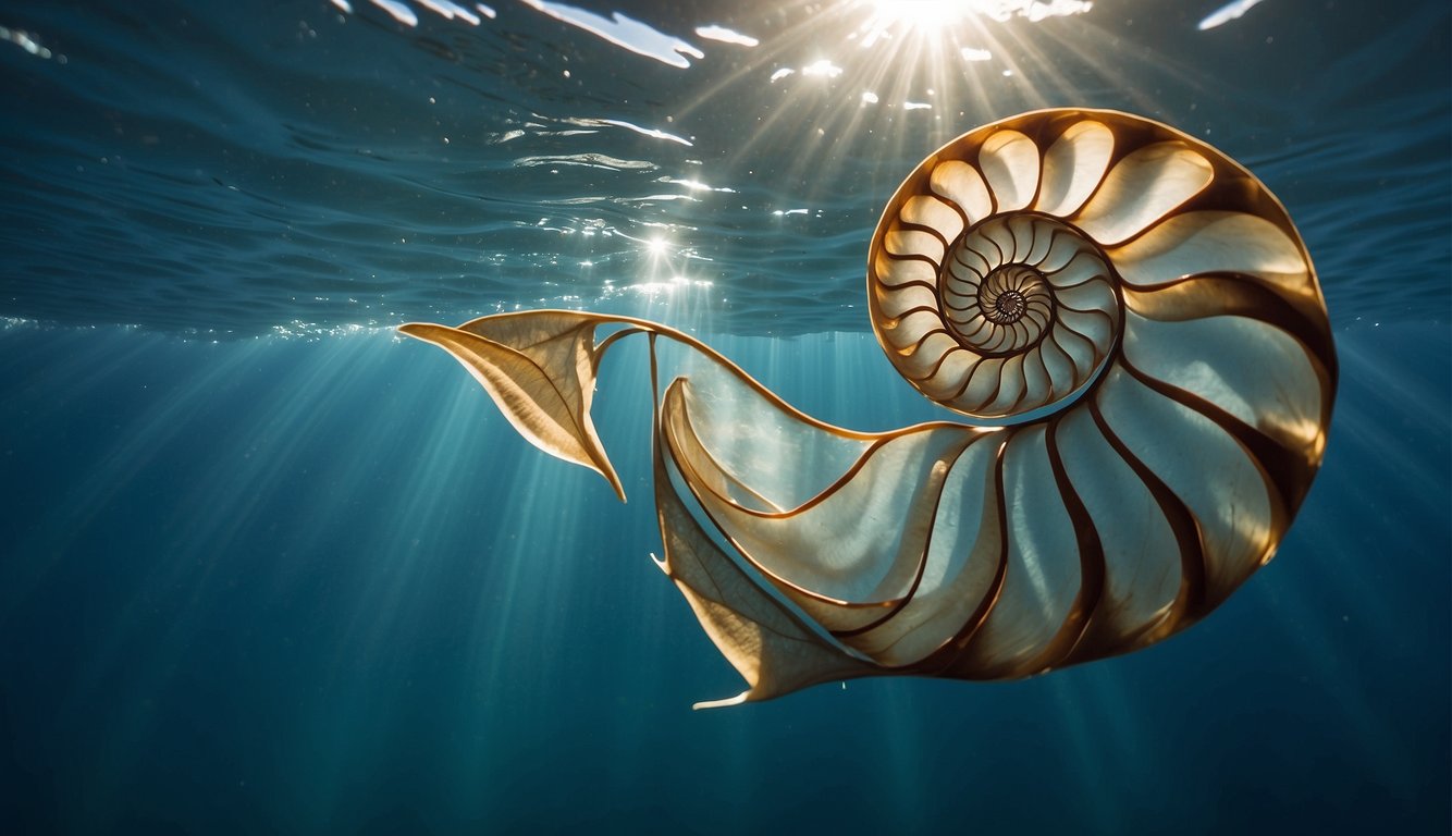 A paper nautilus floats gracefully among ocean currents, trailing delicate tendrils and shimmering in the dappled sunlight