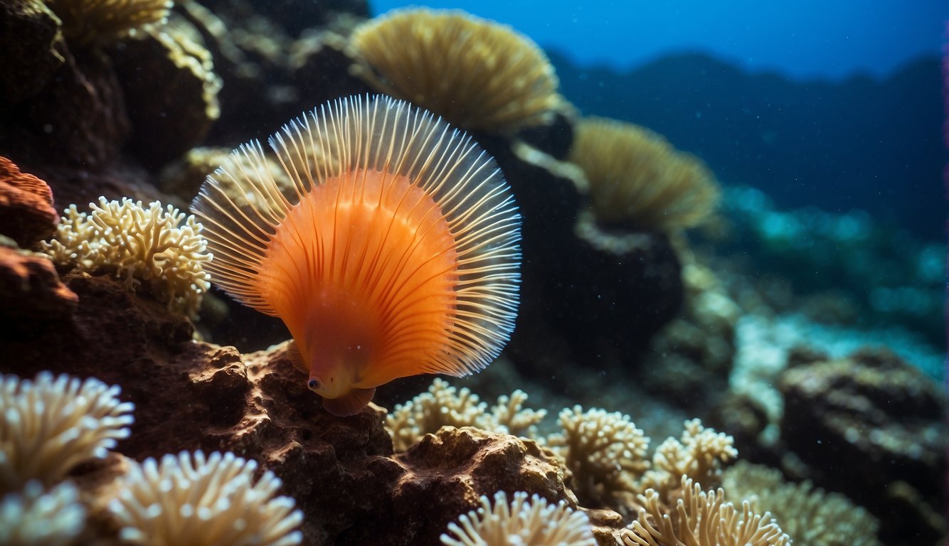 A flame scallop sits on a coral reef, its vibrant red and orange colors resembling dancing flames.

The scallop's shell is open, revealing its bright blue eyes and delicate fringed tentacles