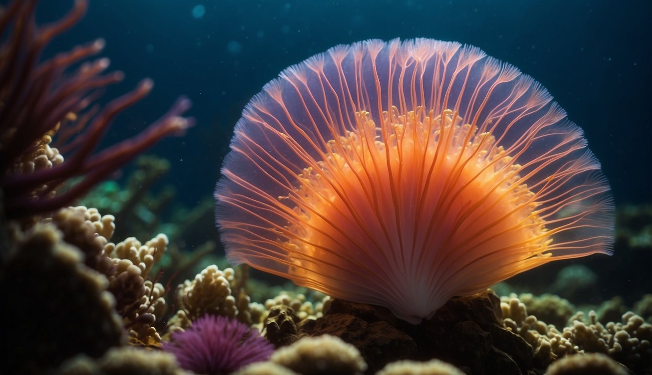 The flame scallop shimmers with vibrant colors, its shell opening and closing rhythmically as if dancing to an unseen melody.

The surrounding water is alive with movement, creating a mesmerizing display of light and motion