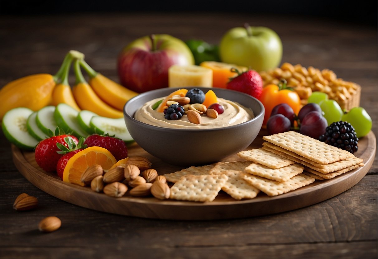 A table with an assortment of colorful fruits, nuts, and vegetables arranged neatly on wooden platters. A bowl of hummus and a plate of whole-grain crackers complete the display