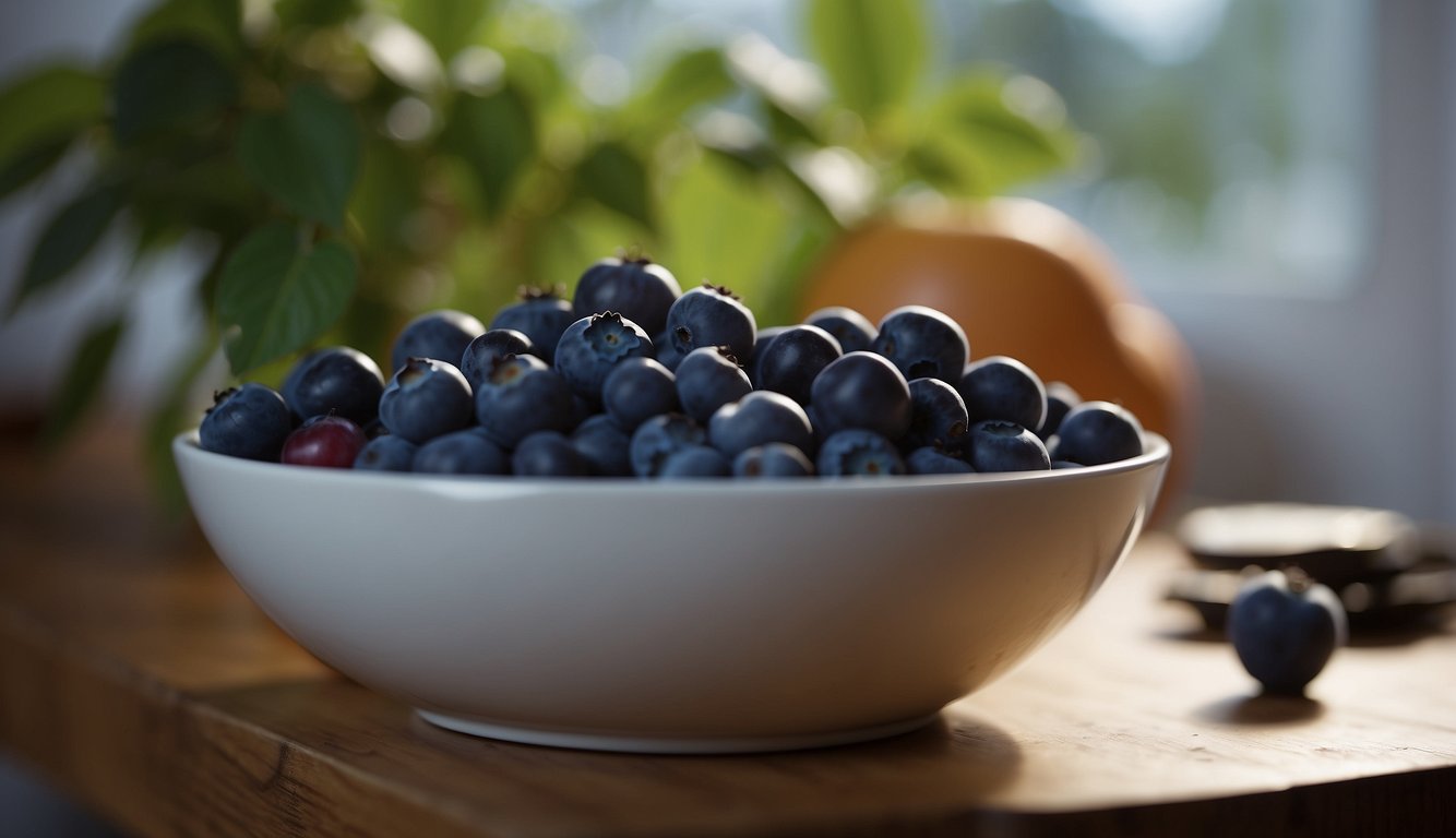 A bowl of blueberries sits on a kitchen shelf, surrounded by other fruits. Some berries are plump and vibrant, while others are starting to wrinkle and darken