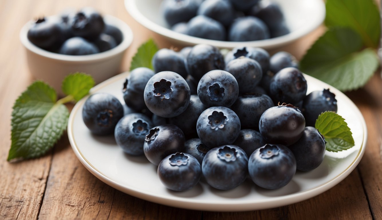 A pile of fresh blueberries sits on a clean white plate, surrounded by a few fallen berries. The plate is set on a wooden table with a light, natural grain
