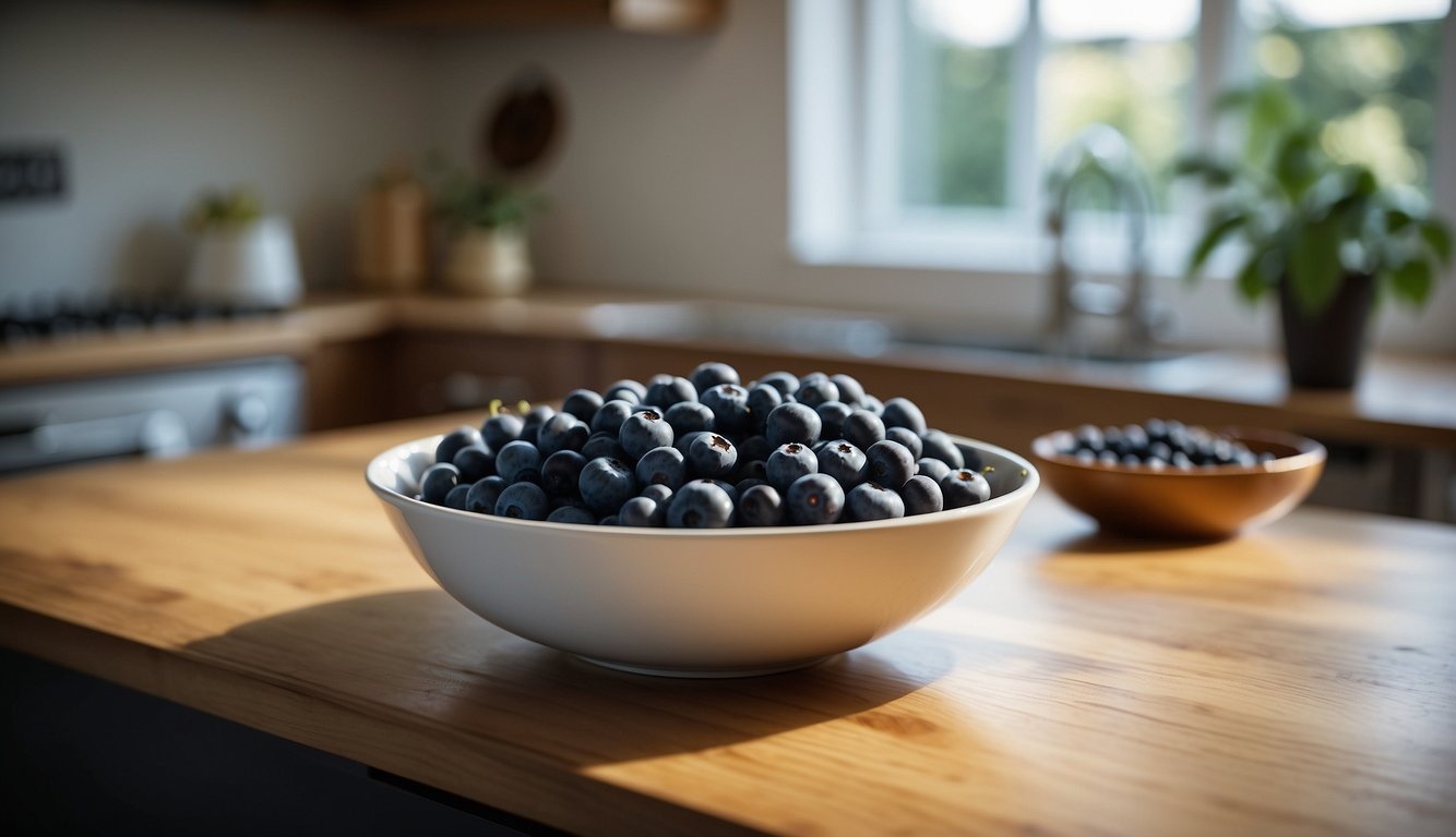 A bowl of fresh blueberries sits on a kitchen counter, surrounded by a few fallen berries. The label "Frequently Asked Questions How Long Are Blueberries Good For" is visible on the packaging