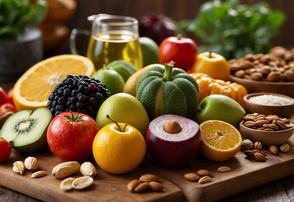 A colorful array of fresh fruits, vegetables, nuts, and seeds displayed on a wooden cutting board, with a variety of plant-based snacks in vibrant packaging surrounding it