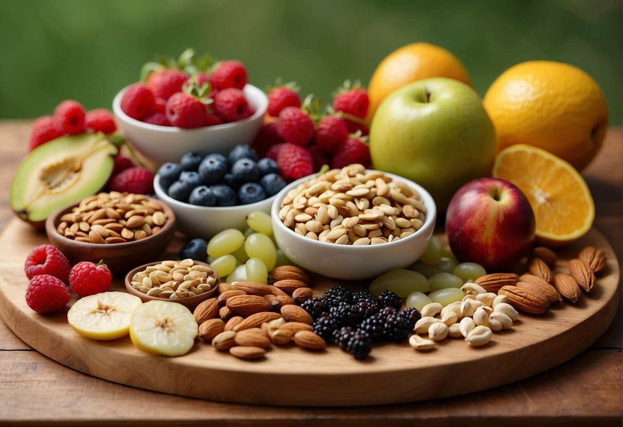 A colorful array of whole fruits, nuts, and seeds arranged on a wooden cutting board, with a variety of healthy snack options displayed in an inviting manner