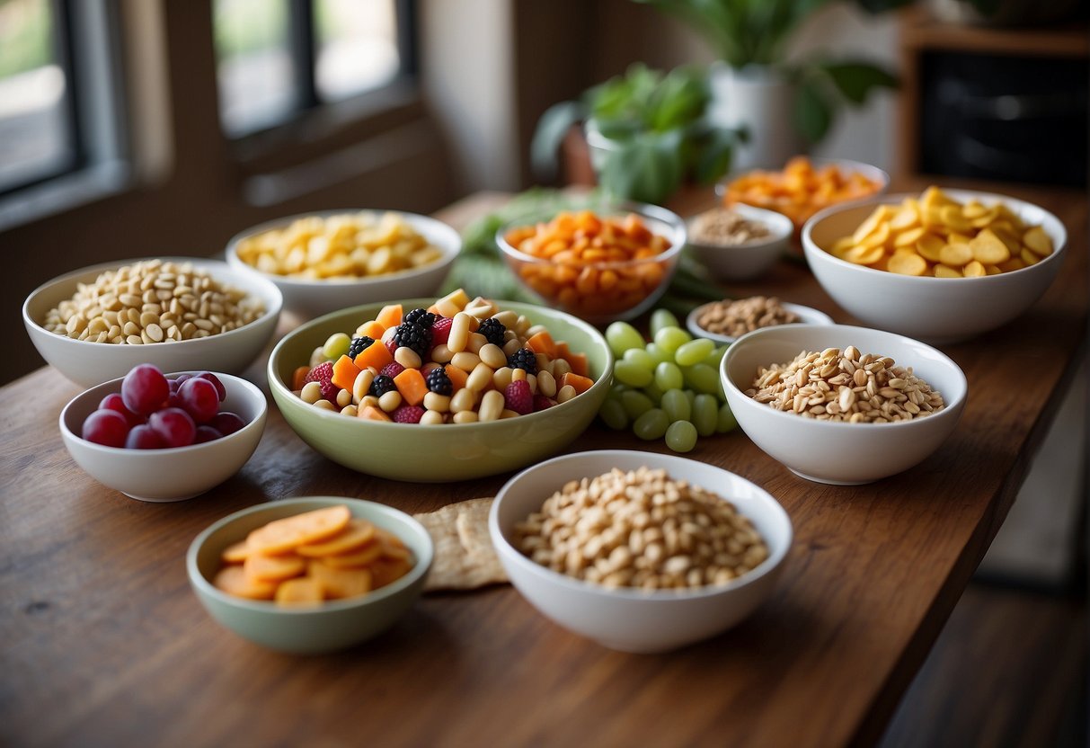 A table with an assortment of colorful, whole-food plant-based snacks neatly arranged on platters and bowls, accompanied by a sign that reads "Frequently Asked Questions Whole-Food Plant-Based Snacks."