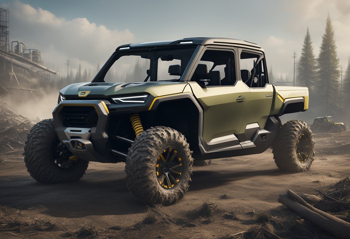 The can am defender sits in a polluted landscape, surrounded by deforestation and industrial waste. Nearby, a group of activists work to plant trees and clean up the environment